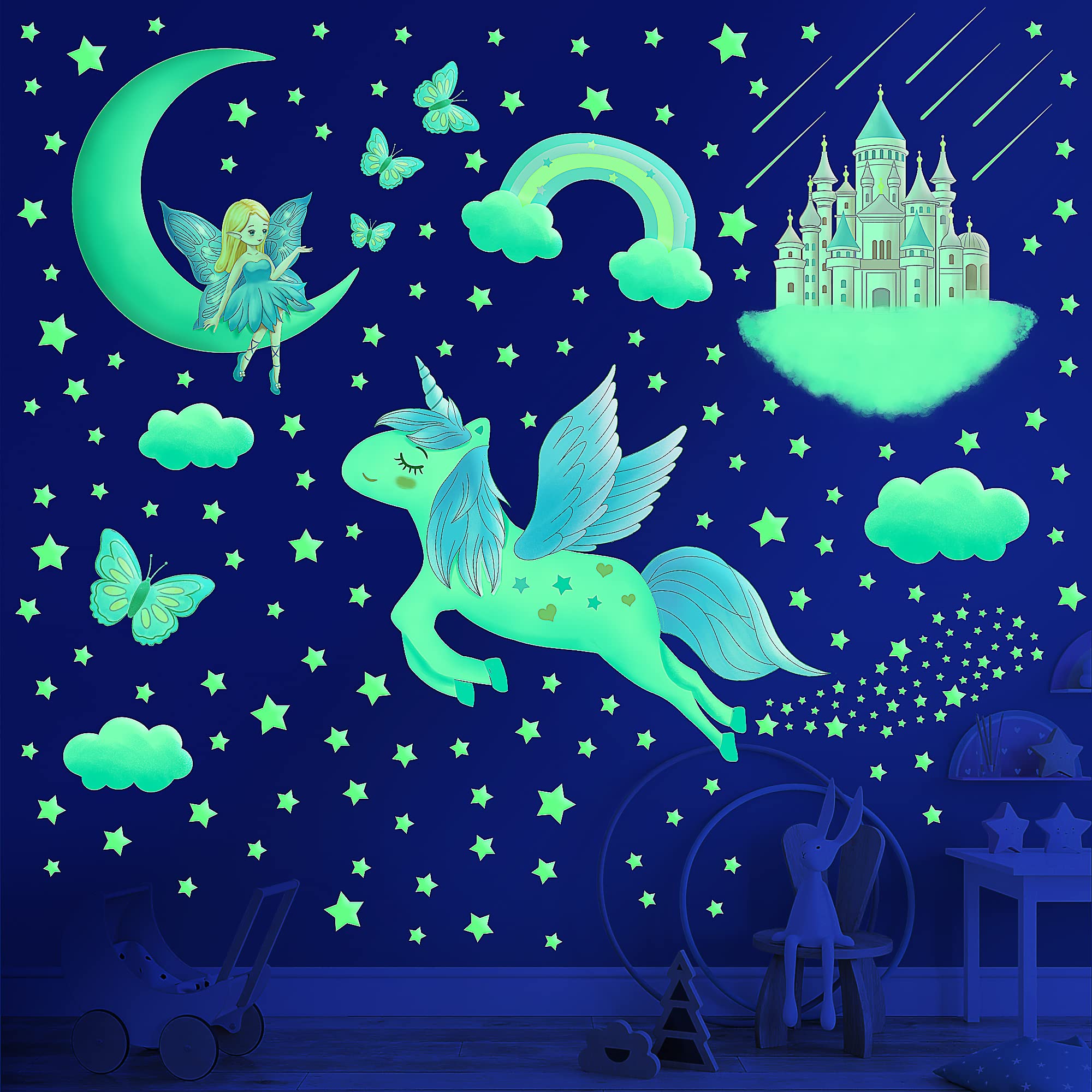 Glow in The Dark Stars for Ceiling,Unicorn Wall Decals Stickers for Girls Bedroom Glow in The Dark Stickers Vinyl Unicorn Castle Room Wall Decor for Baby Kids Girls Nursery Playroom Mural