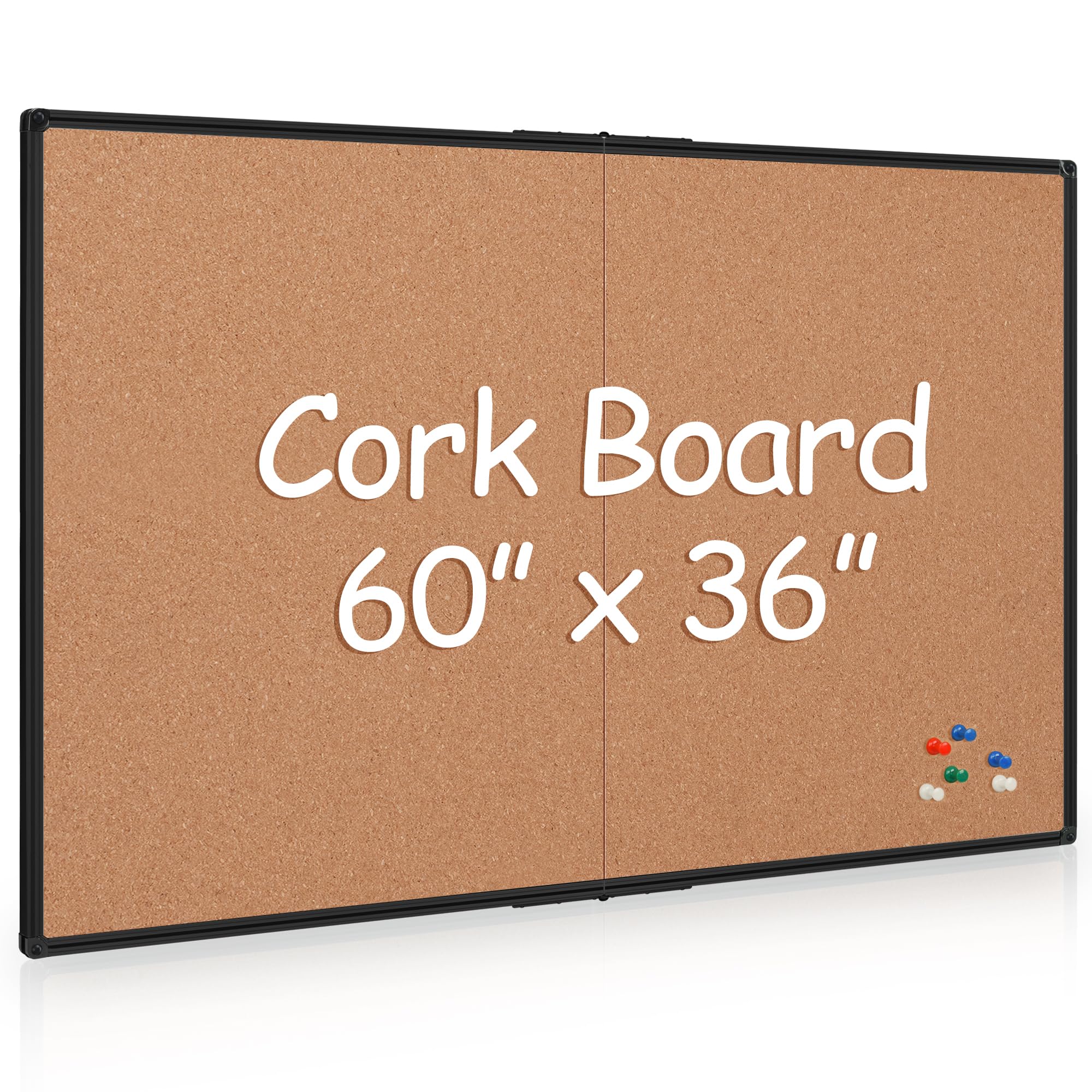 Board2by Extra Large Cork Bulletin Board 60" X 36", Foldable Notice Pin Board for Wall, Black Aluminum Framed 5'x3' Corkboard, Wall Mounted Noticeboard with 36 Push Pins for School, Home & Office Image