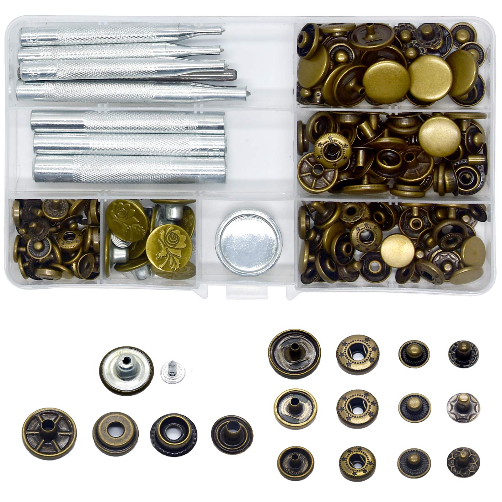 Baogaier Snap Button Fasteners Kit 50 Sets Brass Tack Buttons, Jeans Buttons, Press Stud Fastener Kit 10/12/15/17mm Metal Replacement, Fixing Tools (12.5 mm) DIY Leather Craft Repair Coat Jacket Bag