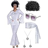 Jexine 70s Women Disco Outfit Costume Disco Party Top Pants Sunglasses Ball Necklace Earring Wig for Halloween New Year Eve