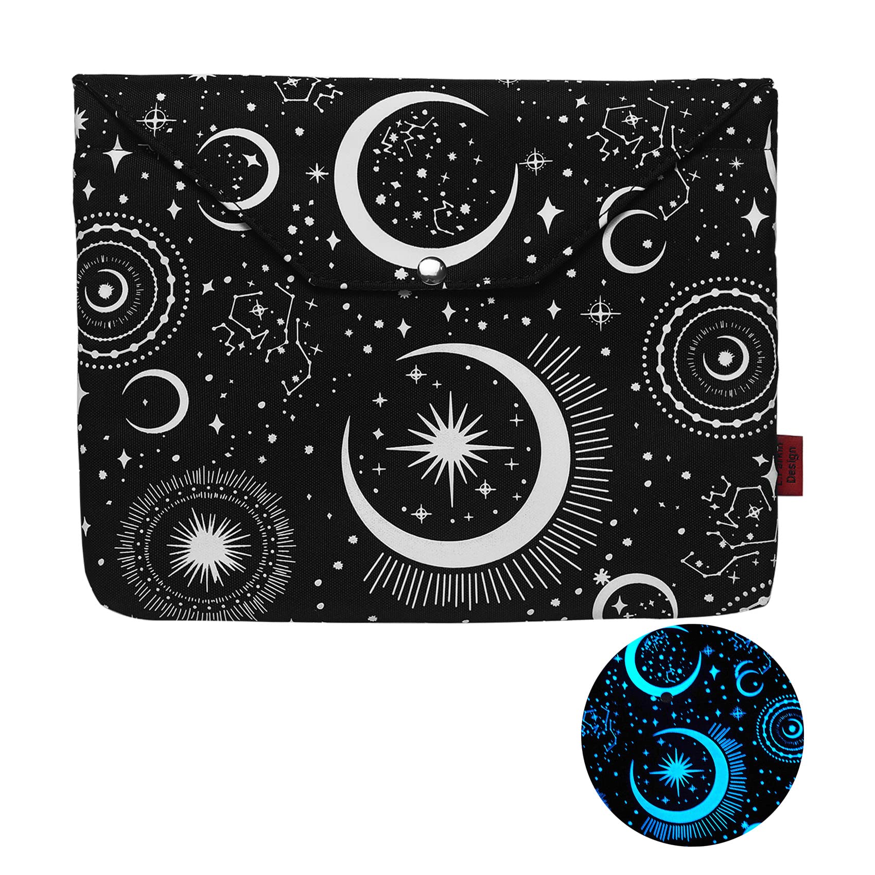 Glow in the Dark Moon and Star Padded Book Sleeve with Button and Extra Pocket, 11 x 9 Inch, Book Covers for Paperback, Book Lovers Gifts