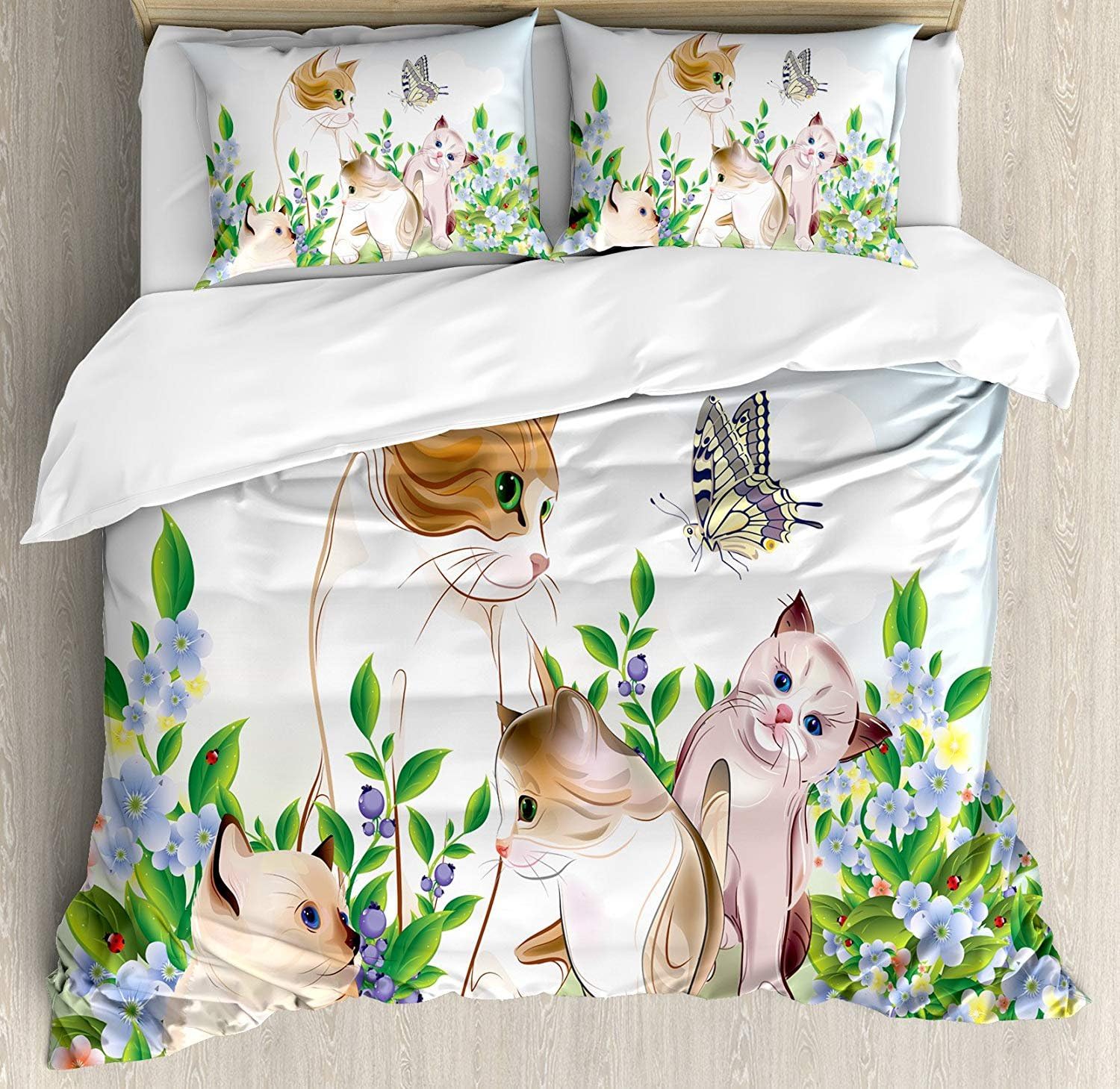 Cat 3 Pieces Duvet Cover Set, Cute Kittens in Flower Meadow Field Happy Cats Family with Butterfly Kids Cartoon Print, Decorative Bedding Sets, Comforter Cover with 2 Pillow Shams, Multi，Twin Size