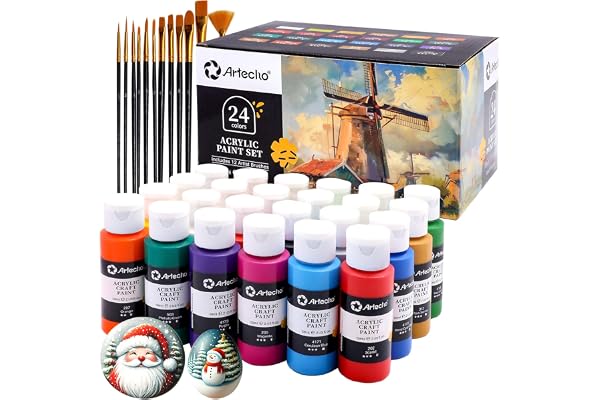 Artecho Acrylic Paint Set 24 Colors 2oz/59ml with 12 Brushes, Art Supplies | Permanent rich pigment non-toxic craft kit for c