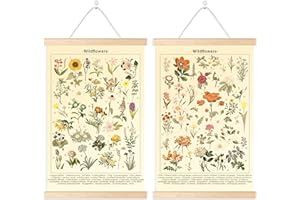 Chenkaiyang 2 Pcs Vintage Hanging Poster,Flowers Wall Hanging Botanical Rustic Retro Wall Art Prints Flower Chart Posterfor Living Room Decor,12.7 X 21.6 Inch