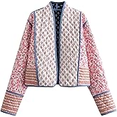 OPCAKM Women's Cropped Floral Print Quilted Jacket Lightweight Coats Open Front Puffer Outerwear