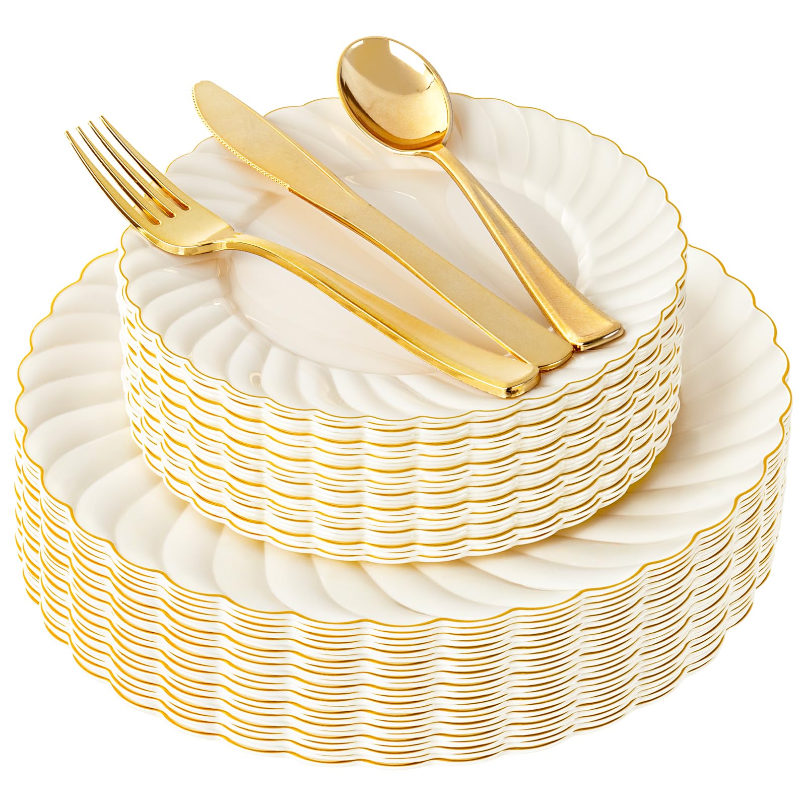 View 1 of **ONLY PLATES/MISSING PARTS***YOUBET 125PCS Scalloped Plastic Plates - Ivory Scalloped Disposable Plates - Gold Plastic Dinnerware Set Include 50 Plates, 75 Gold Silverware for Party & Wedding