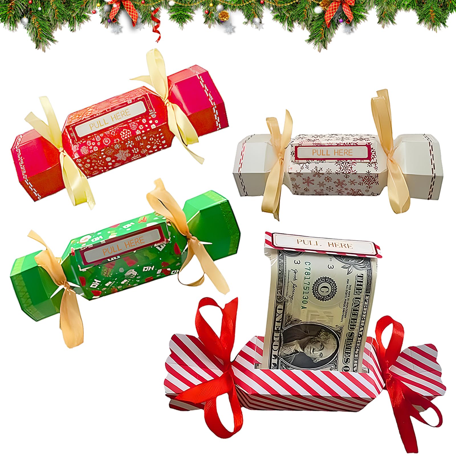 4Pcs Christmas Money Gift Boxes Christmas Surprise Money Pull Pouch Candy Pull Out Money Pouch DIY Christmas Kit Cash Gift Money Pull Box for Xmas Home Holiday Party Decor
