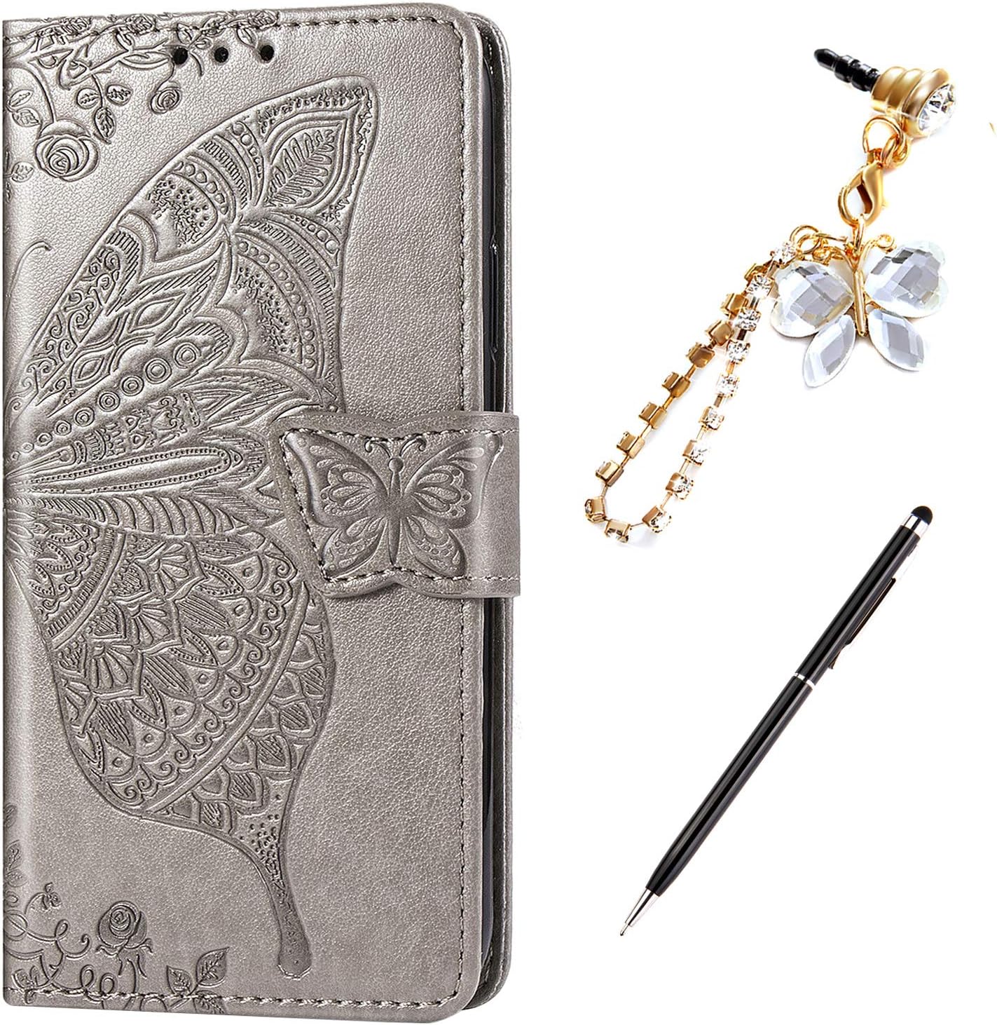 ikasus Case for iPhone XR Cover,Embossing Mandala Butterfly Rose Vine Flip Folio Wallet Case PU Leather Stand Card Slots Protective Case Cover + Dust Plug Stylus for iPhone XR Wallet Case,Gray
