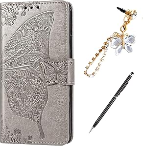ikasus Case for iPhone XR Cover,Embossing Mandala Butterfly Rose Vine Flip Folio Wallet Case PU Leather Stand Card Slots Protective Case Cover + Dust Plug Stylus for iPhone XR Wallet Case,Gray