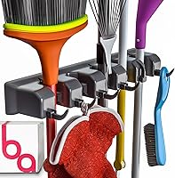 Berry Ave Broom Holder and Garden Tool Organizer for Rake or Mop Handles Up To 1.25-Inches, Remove Clutter From Bathroom and Laundry Room, Closet and Garage Organization System (Black)