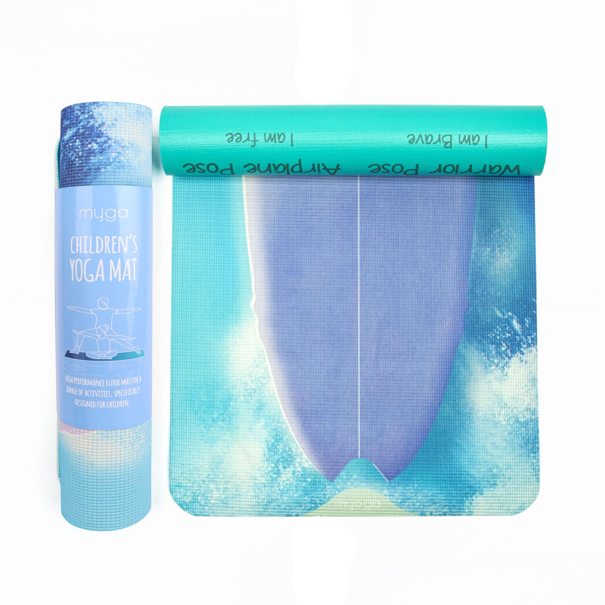 Myga Childrens Yoga Mat - Non-Slip Kids Mat for Yoga, Fitness and Exercise - Multipurpose Mat with 8 Yoga Poses on Reverse - Comfortable, Lightweight and Travel Friendly - Wave Rider