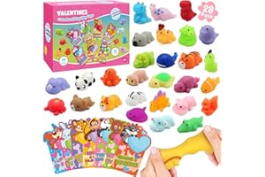 SURCVIO 28 Pack Valentines Day Gifts for Kids, Mochi Squishies with Greeting Cards Party Favor for Kids, Animals Squishies Stress Relief Fidget Toys Classroom Exchange Prizes Gifts