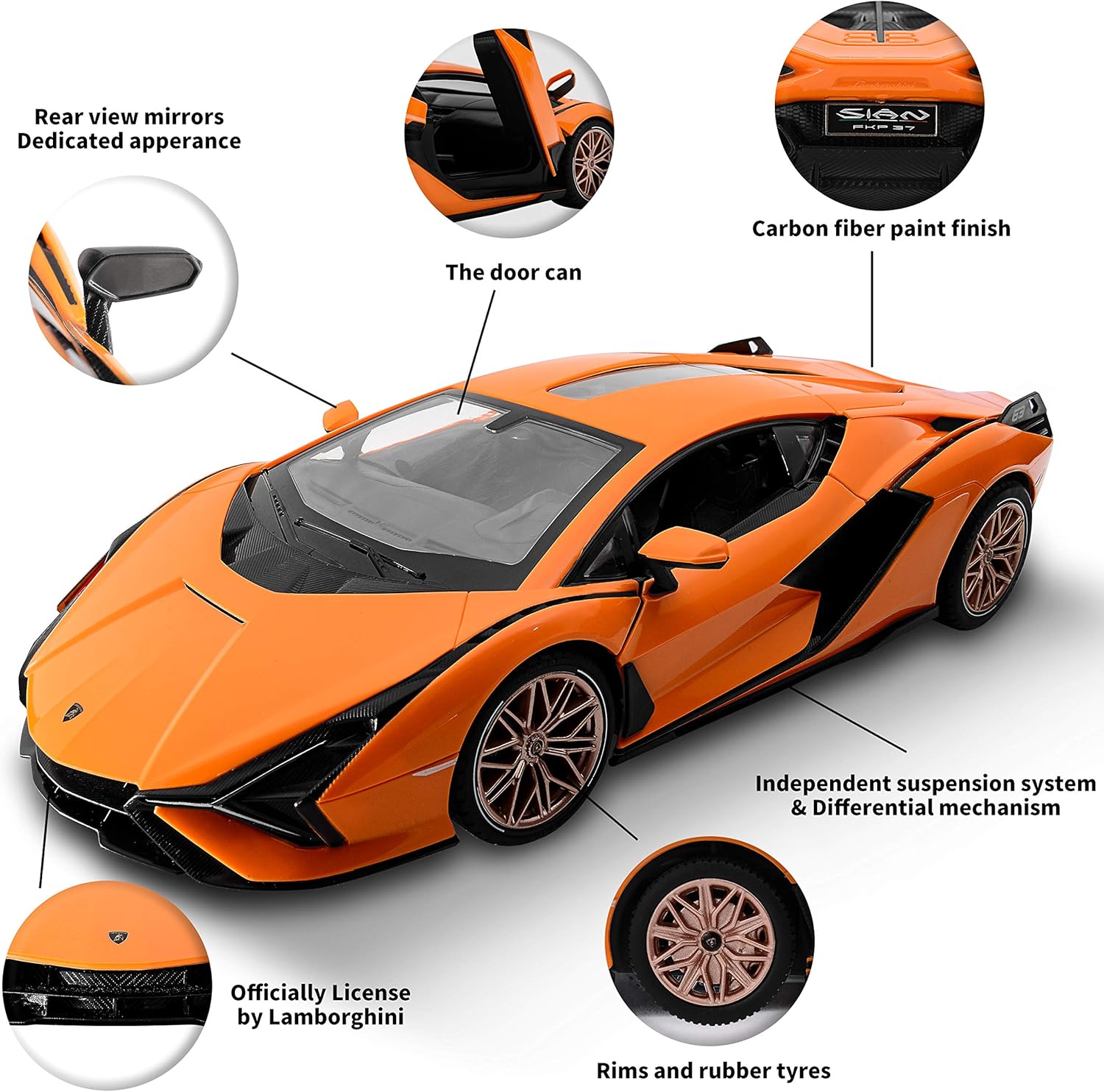 BEZGAR X RASTAR Licensed RC Series, 1:14 Scale Diecast Remote Control Car Lamborghini Sián FKP 37 Electric Sport Racing Hobby Toy Car Model Vehicle for Boys and Girls Teens and Adults Gift (Orange): Toys & Games