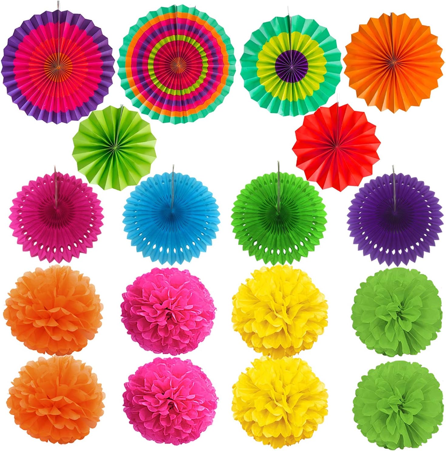ZERODECO Party Decoration, 21 Pcs Multi-color Hanging Paper Fans, Pom Poms Flowers, Garlands String Polka Dot and Triangle Bunting Flags for Birthday Parties, Wedding Décor, Fiesta or Mexican Party: Toys & Games