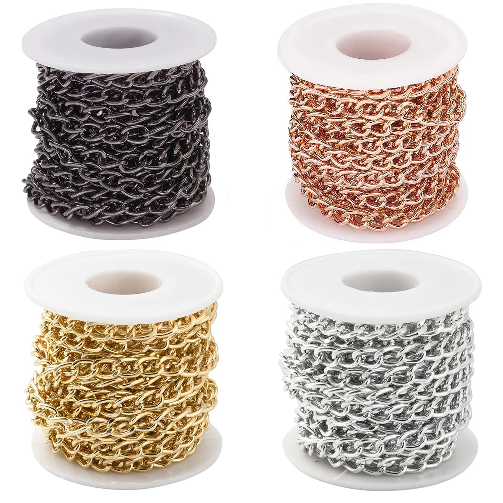 65.6 Feet Aluminum Curb Chains Twisted Links Cross Cable Chains Golden & Silver & Rose Gold & Gunmetal with Spool for Pendant Necklace Jewelry Making