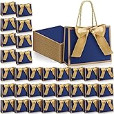 Kolldenn 50 Pcs Metallic Gift Bags with Handle 7.5 x 6 x 2.8 Inch Navy Blue Gold Thank You Bag with Bow Ribbon for Christmas Wedding Birthday Bridal Shower Bridesmaid Graduation Party Favor