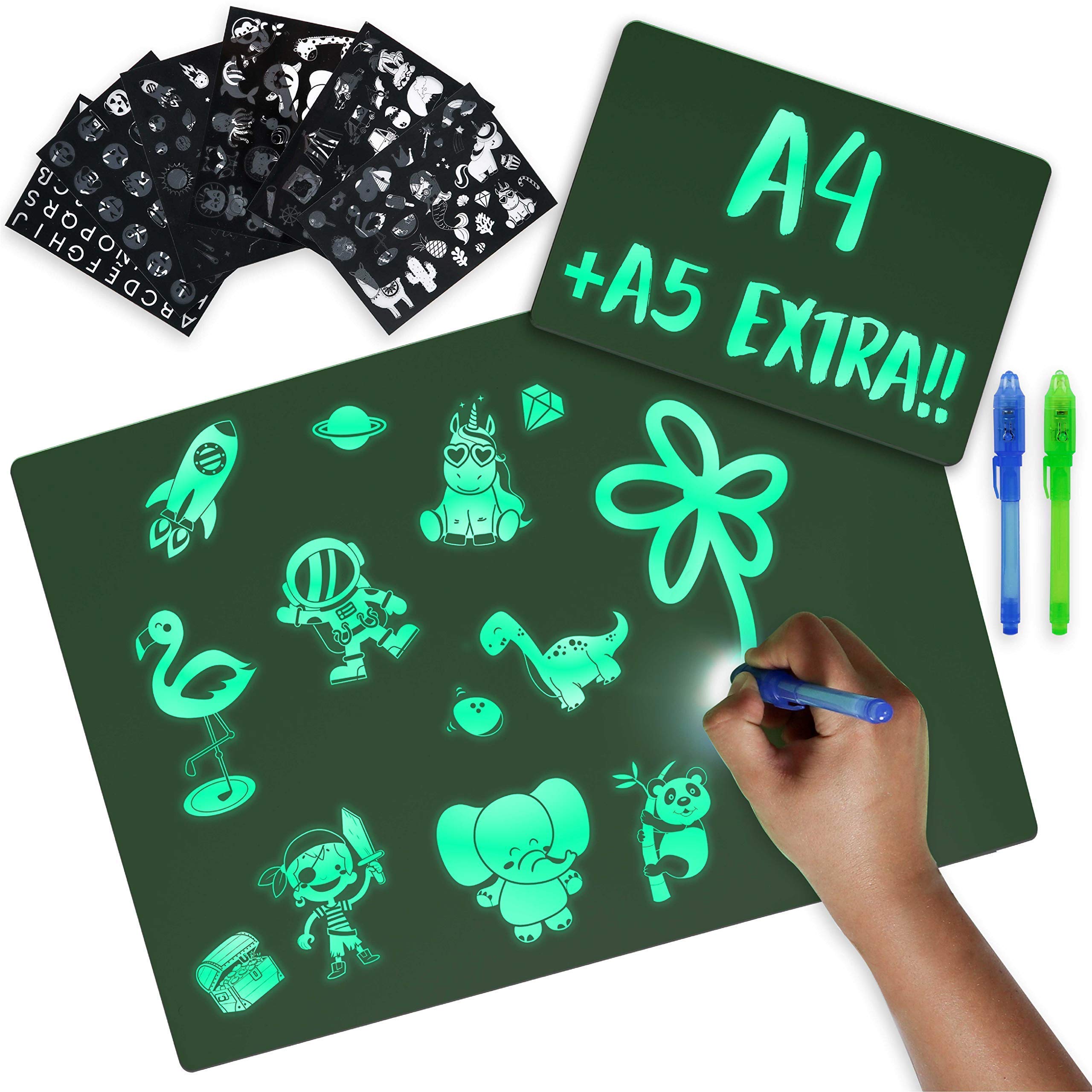 Light Drawing Board Kids A4 and A5, 6 Stencils, 2 Spy Pens - BONNYCO | Boys Girls Toys for 3 4 5 6 7 8 9 Years Old | Glow Pad Kids Toys Gifts for Birthday Christmas | Drawing Magic Board Light Up