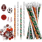 Tinlade 72 Pcs Sports Pencils and Erasers for Boys, Party Favors | Fun Wooden Pencils, for Kids Students, Sports Themed Birthday Gifts, Stationery Goodie Bags, Office Supplies, Teacher Prizes