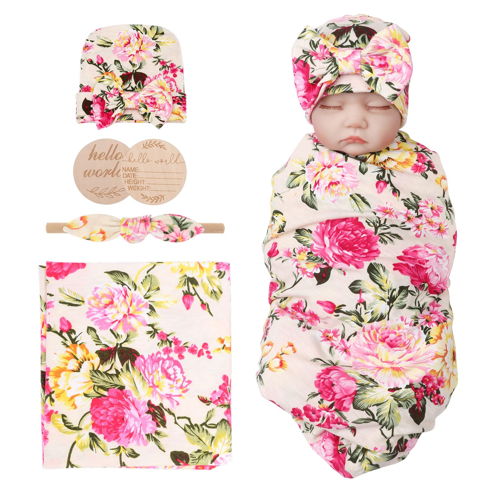 Photo 1 of AQOKKA Newborn Receiving Blanket with Bow Hat Headband Wooden Card Set Newborns Toddler Baby Boy Girl Nursery Swaddle Wrap