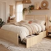 Brafab Natural Rattan Queen Bed Frame with Headboard, 4 Storage Drawers | Wooden Headboard, Coastal Bamboo Bedframe, Boho Cane Metal Platform Bed, Strong Wooden Slat, Noise-Free, No Box Spring Needed