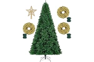 KTKDE 7.5ft Spruce Artificial Holiday Christmas Tree - lifelike green Christmas tree with 1,450 tree tips, 300 LED battery powered light posts - 7.87-inch gold pentacle, perfect for home, office party