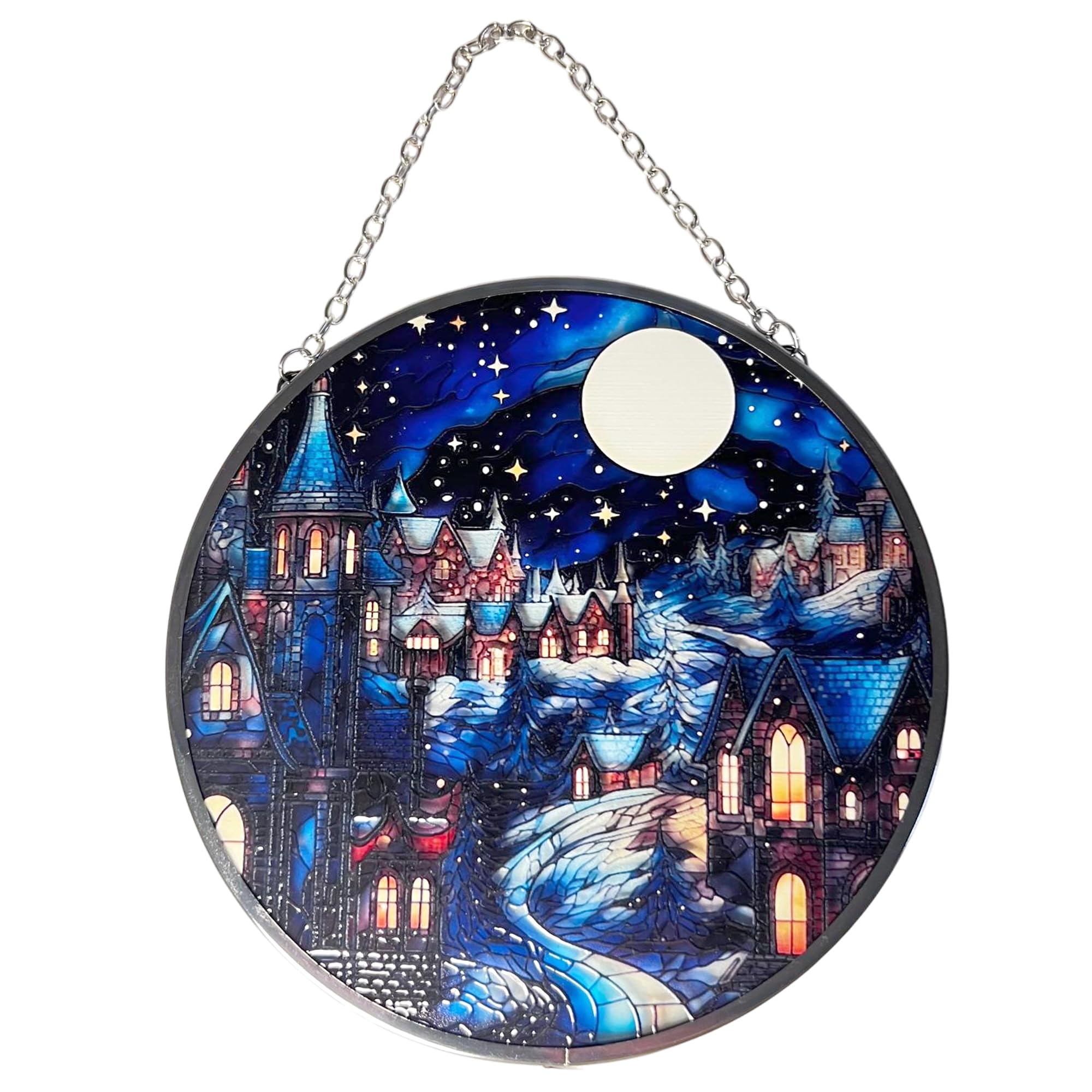 15cm Diameter Stained Glass Suncatcher, WINTER SCENE DESIGN, festive holiday window decor