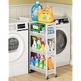 OKZEST Slim Laundry Room Organization Cart with Upgraded Metal Hub Casters | Fits between washer &amp; dryer, 4-Tier space-saving narrow rolling cart, Premium wood top &amp; metal mesh shelf, with handle &amp; hook