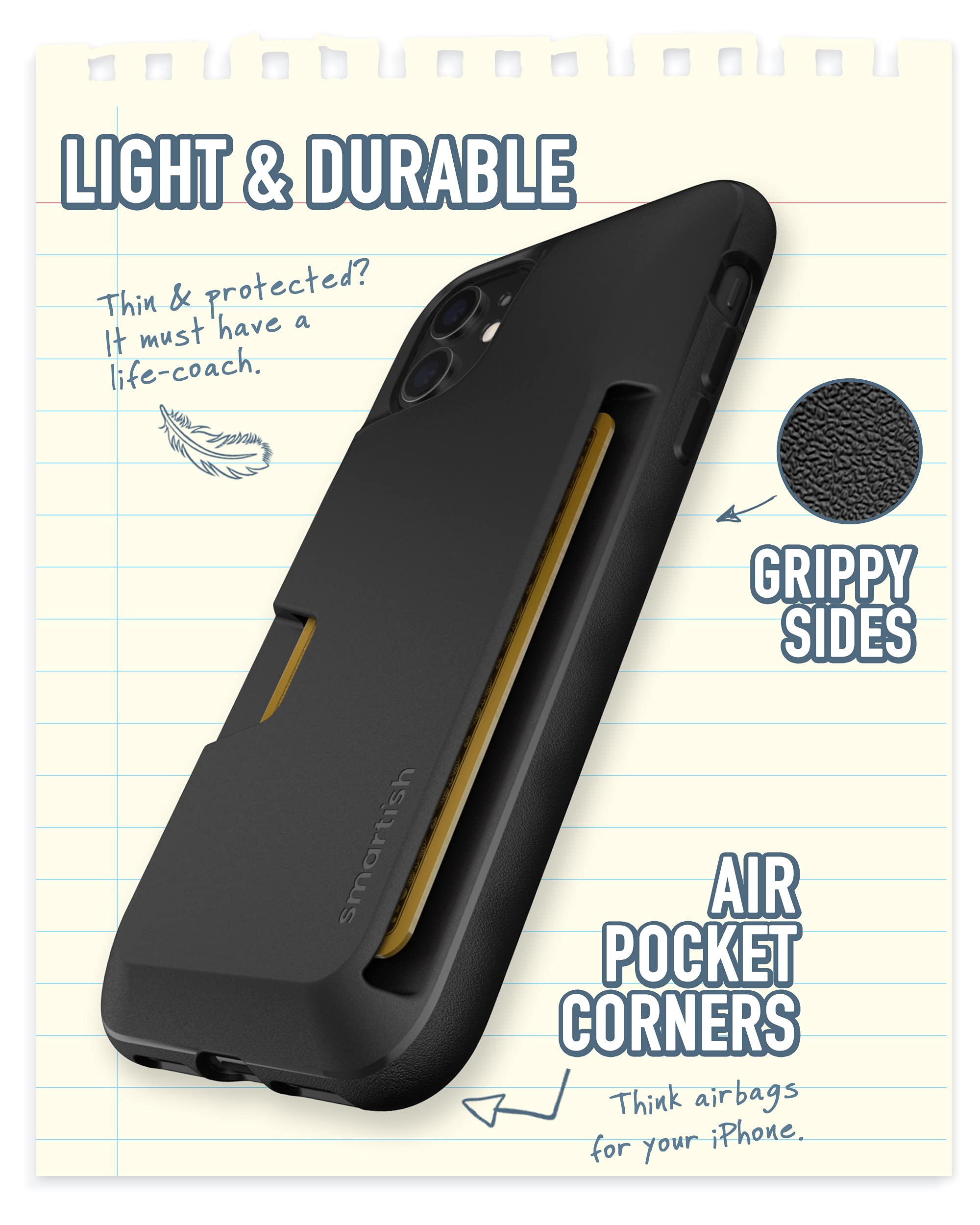 Smartish iPhone 11 Wallet Case - Wallet Slayer Vol. 1 [Slim + Protective] Credit Card Holder - Drop Tested Hidden Card Slot Cover Compatible with Apple iPhone 11 - Black Tie Affair
