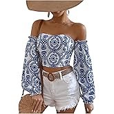 OYOANGLE Women's Off The Shoulder Blouse Boho Paisley Print Bishop Long Sleeve Crop Tops