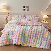 LIFEREVO Fluffy Faux Rabbit Fur Duvet Cover Set, Cute Plush Shaggy Bubble Bedding Set for Adult Girls Kids Teens, 1 Fuzzy Tie Dye Comforter Cover + 2 Furry Pillow Shams, Zipper Closure, Rainbow, Queen