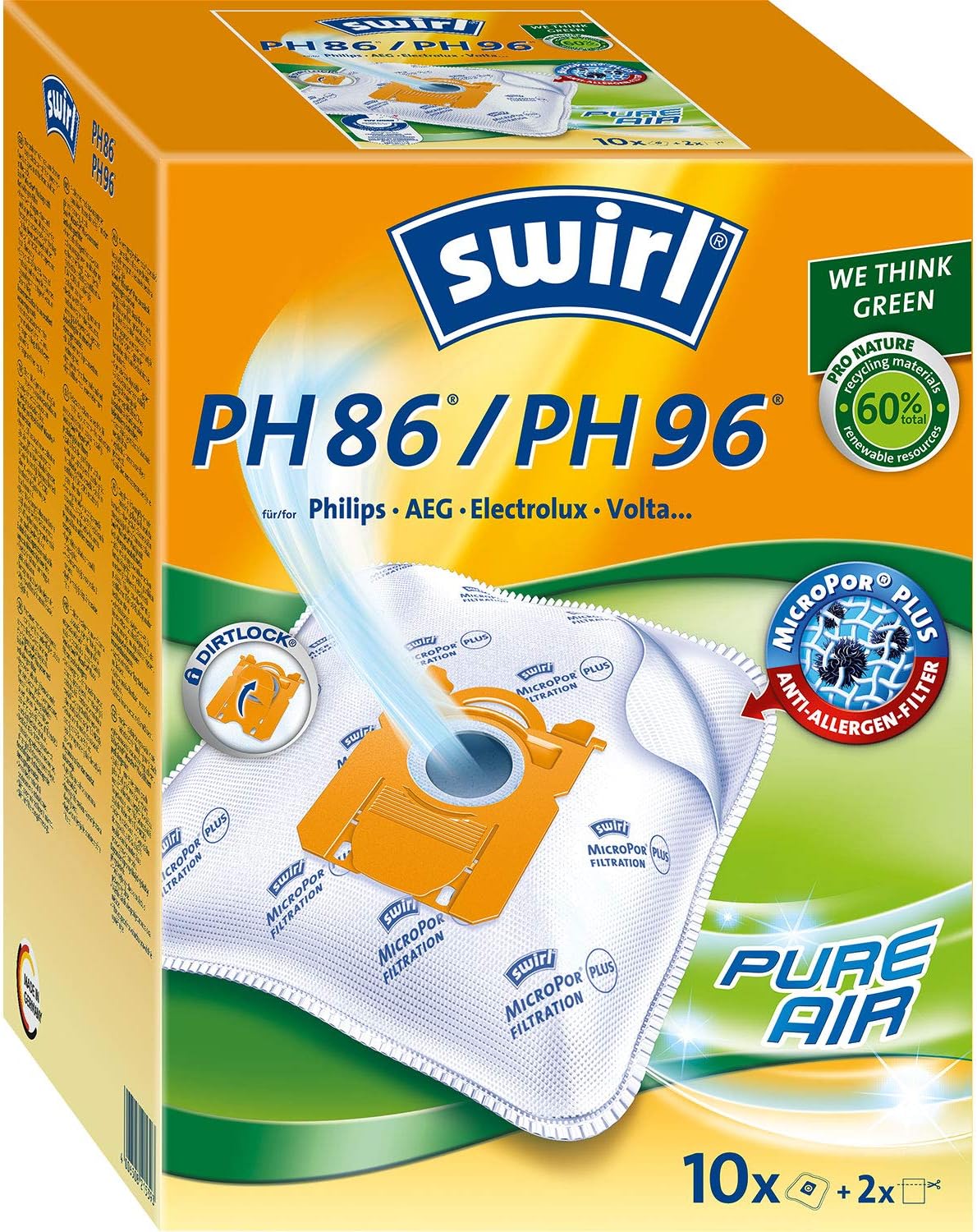 Swirl PH 86/ PH 96 MicroPor Plus Staubsaugerbeutel für Philips, AEG, Electrolux und Volta Staubsauger, Anti-Allergen-Filter , Dauerhaft hohe Saugleistung , 10 Stück inkl. 2 Filter