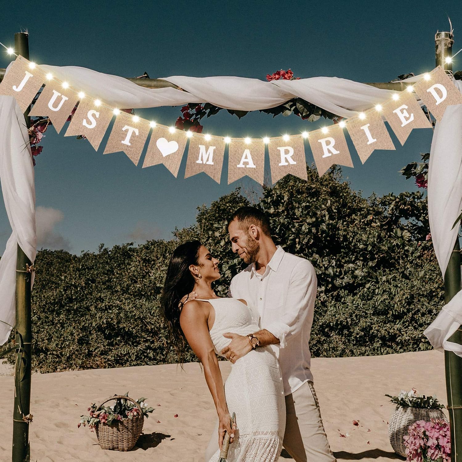 Just Married Burlap Banner, Wedding Bunting Banner with LED Fairy String Light 8 Flicker Mode