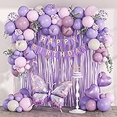 Pink and Purple Butterfly Birthday Decorations with Pastel Pink Dusty Purple Sand White Foil Balloons Fringe Curtain Happy Birthday Banner for Butterfly Party Decorations for Women
