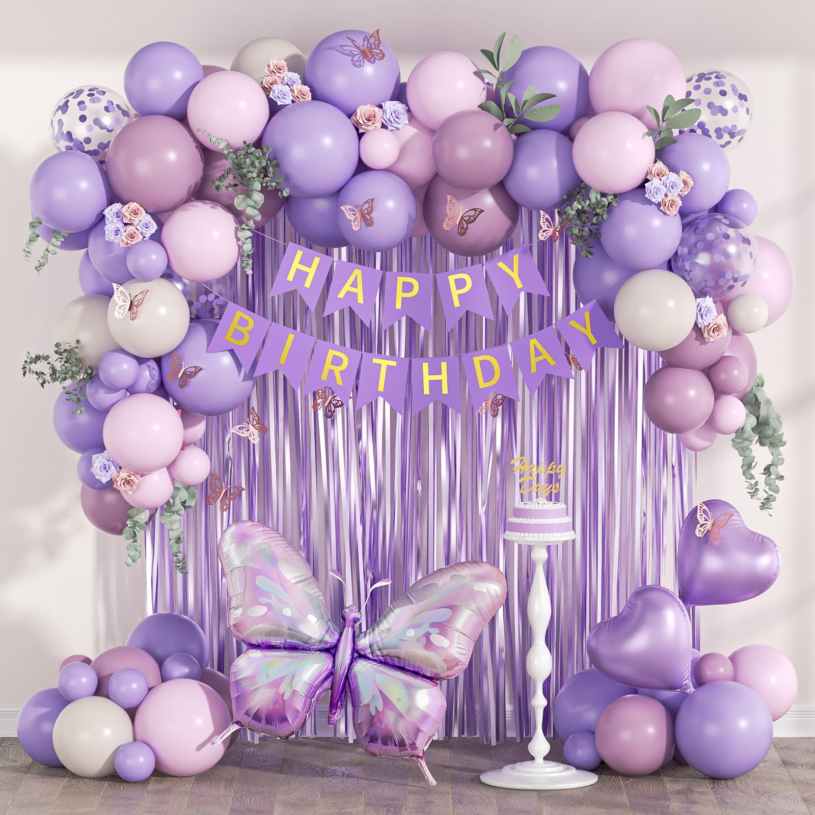 Photo 1 of Pink and Purple Butterfly Birthday Decorations with Pastel Pink Dusty Purple Sand White Foil Balloons Fringe Curtain Happy Birthday Banner for Butterfly Party Decorations for Women