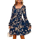 Simplee Womens Floral Long Sleeve Mini Dress Boho Square Neck Smocked A-Line Flowy Short Wedding Guest Dresses