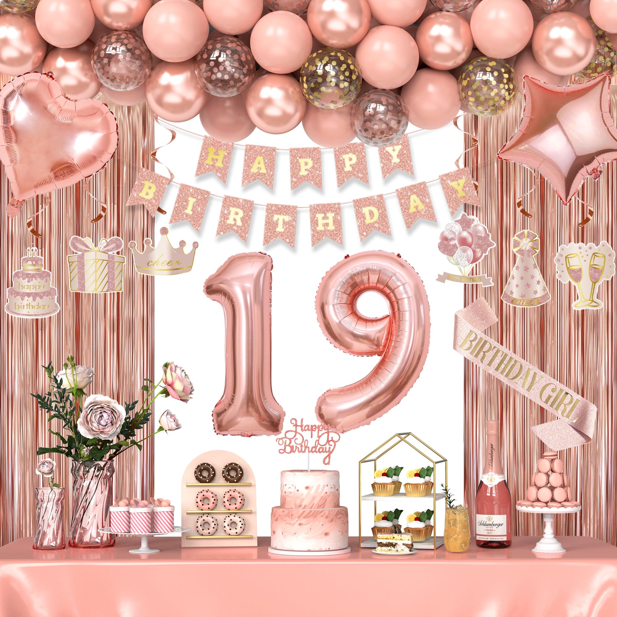 Photo 1 of 19th Birthday Decorations for Women Girls, Happy 19 Birthday Decorations for Her, Rose Gold Birthday Party Supplies with Banner, Number Balloons, Fringe Curtains, Hanging Swirls, Foil Balloons
