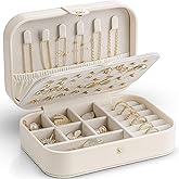 Vlando Travel Jewelry Case for Women Girls Mothers, PU Leather Small Jewelry Box for Rings, Necklaces, Bracelets, Earring Holder Organizer Storage for Travel Accessories, Valentines Gift - Beige