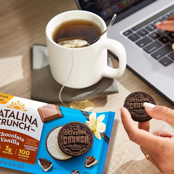 CATALINA CRUNCH PROTEIN COOKIES, 4G PROTEIN PER SERVING – LOW-SUGAR SANDWICH COOKIES – GLUTEN FREE, VEGAN – KETO DESSERT SNACKS – CHOCOLATE VANILLA, 8.9 OZ. (21 COUNT)
