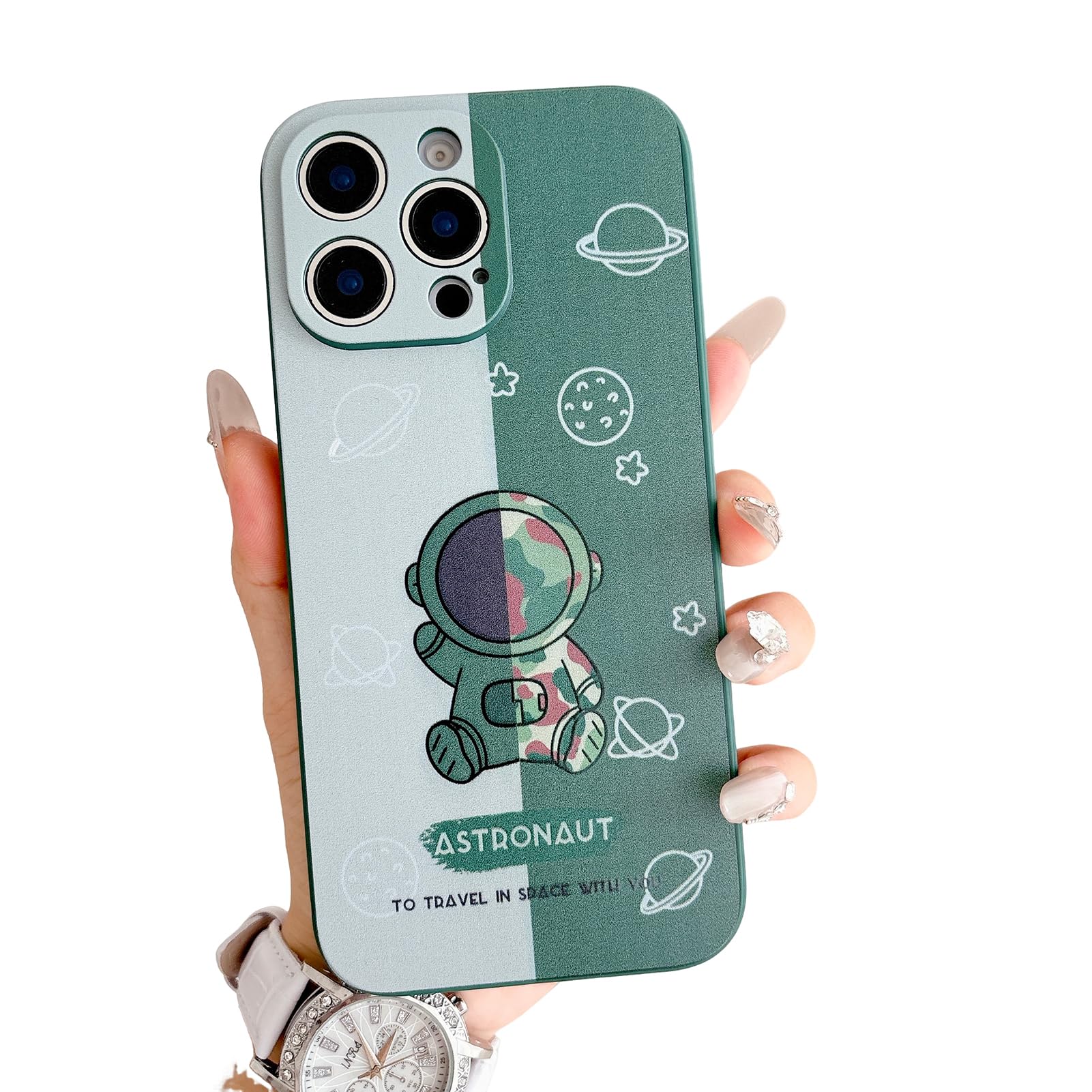 Yonds Queen for iPhone 14 Pro Max Cute Case, Cartoon Cool Astronaut Space Planet Moon Design Stylish Bumper TPU Protective Anti-Slip Shockproof Fashion Case(Green Planet, iPhone 14 Pro Max) — image 1