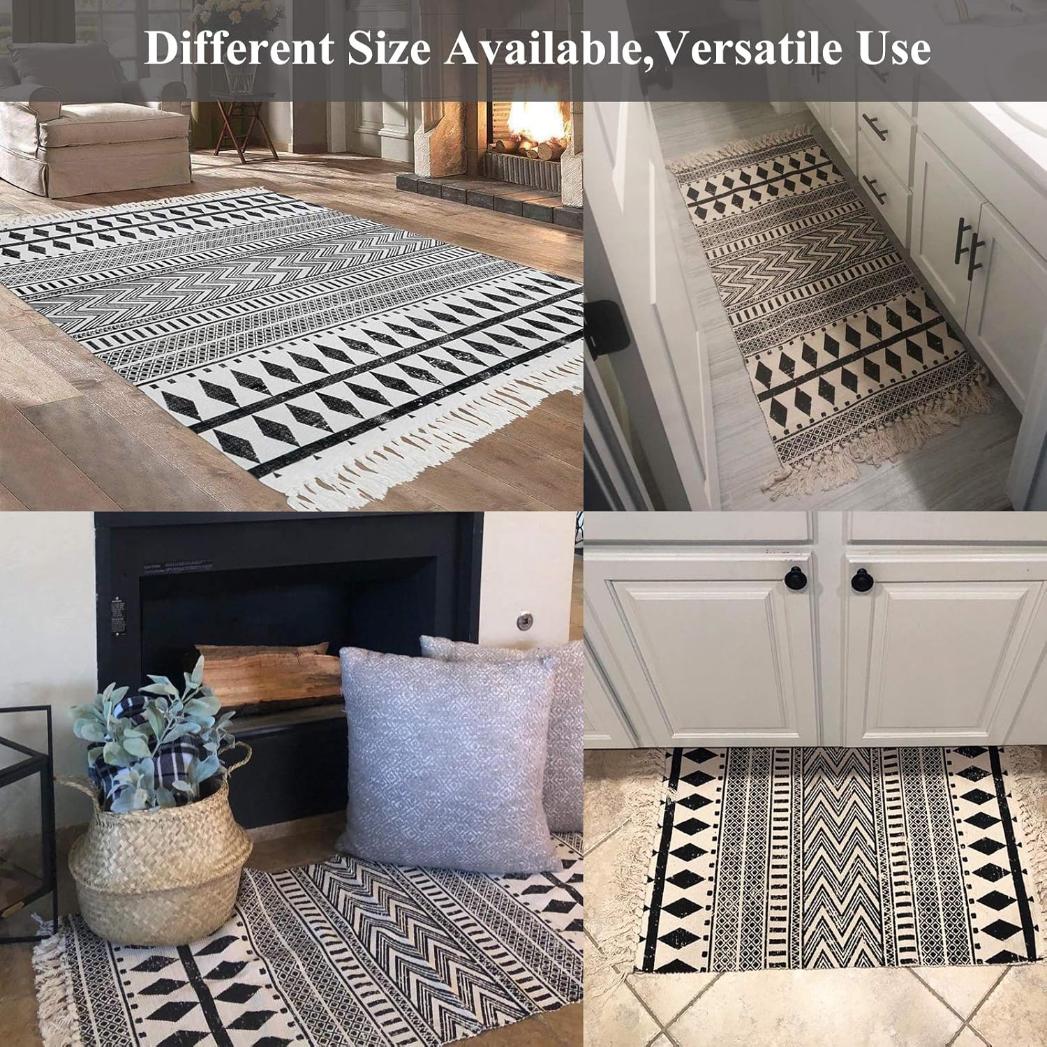 HEBE Cotton Area Rug Set 2 Piece 2'x3'+2'x4.2' Machine Washable Black and Cream White Hand Woven Cotton Rug with Tassels Cotton Area Rug Runner for Living Room, Kitchen Floor, Laundry Room: Kitchen & Dining