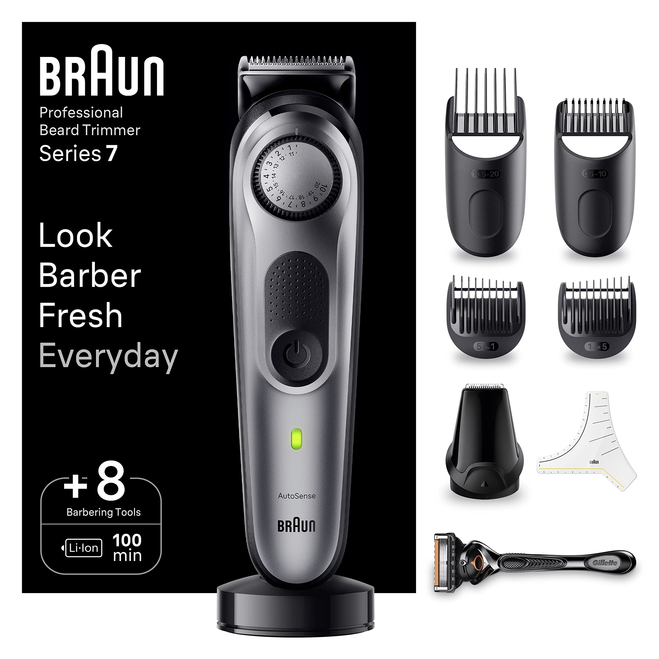 Braun Tondeuse à Barbe Professionnelle Series 7 Bt7420, Electrique, Problade, Rasoir De Précision, Styling Grâce à 40 Réglages De Longueurs, Accessoires, Base De Recharge, Étui De Voyage