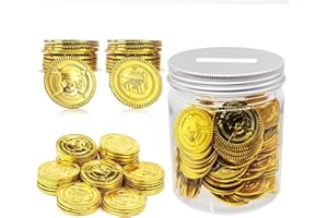 Mczxon Plastic Gold Pirate Coins 100 Pcs, Pirate Treasure Play Golden Toy Coins Bulk with Coin Jar, Small Plastic Play Gold Prop Pretend Pirate Tokens Coins Toy for Kids Party, Silver