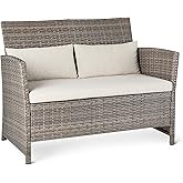 Amazon Basics Outdoor Patio Loveseat, 2-Seat Wicker Couch with Beige Cushions, Weather-Resistant