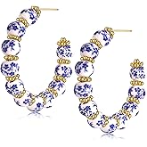 BVGA Porcelain Hoop Earring for Women Blue and White Ceramic Earrings Floral Beaded Earrings Coquette Vintage Jewelry Accessories Gifts