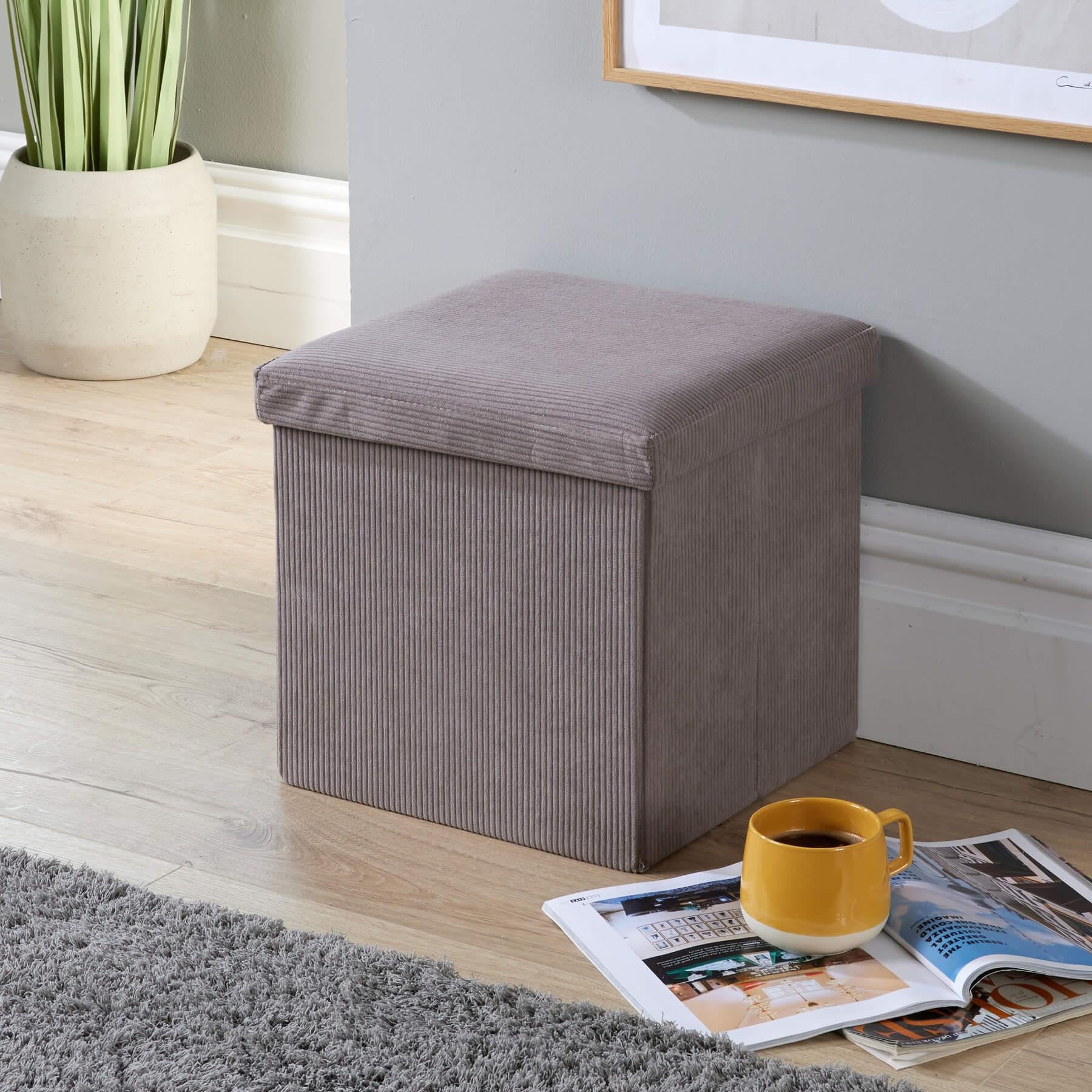 Home Source Folding Ottoman, Corduroy Fabric Storage Square Box, Grey