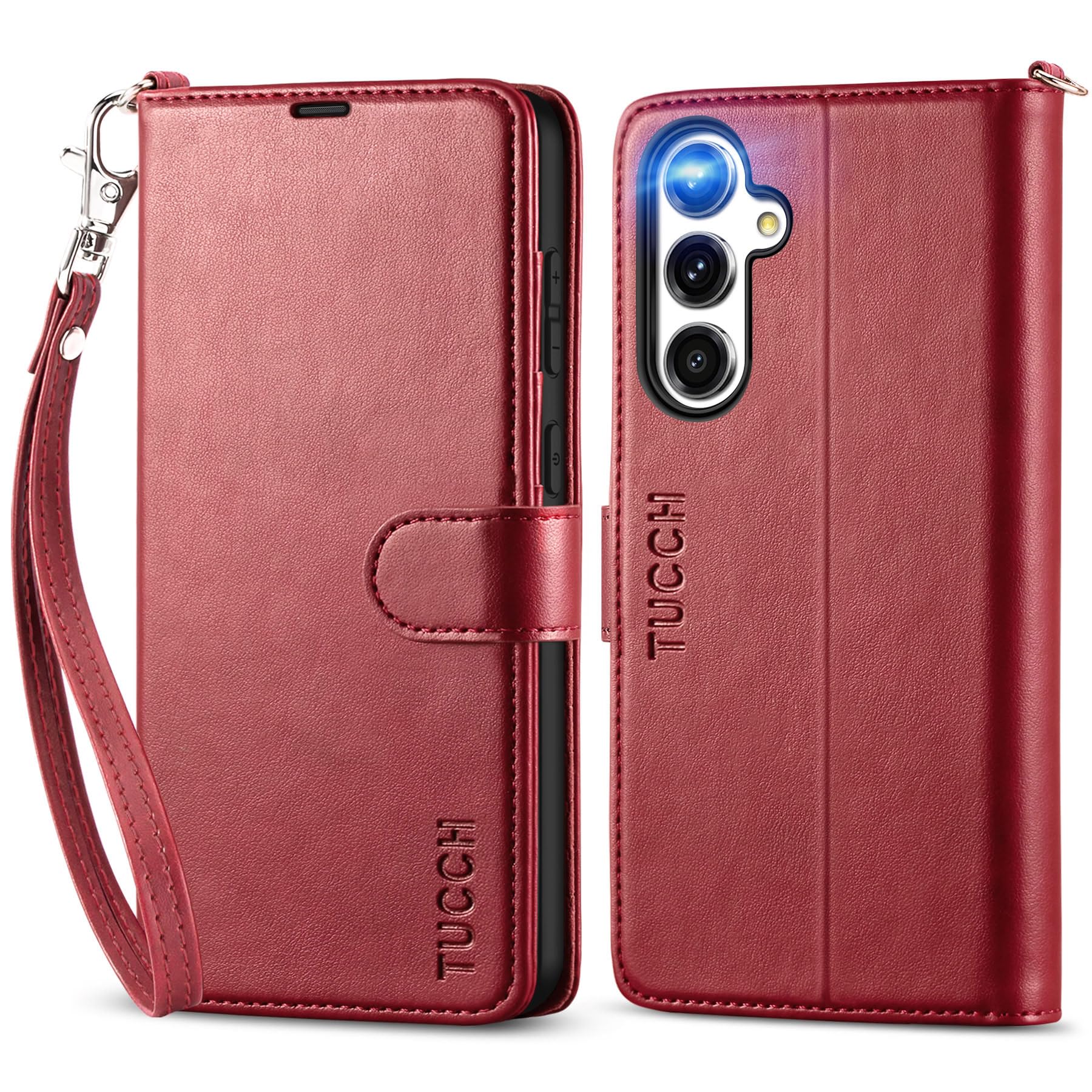 TUCCH Wallet Case for Galaxy S24 FE (6.7") 2024, Magnetic PU Leather Foldable Case with Wrist Strap, RFID Blocking, Credit Card Holder, Shockproof TPU, Protective Stand Cover for Women Men, Dark Red