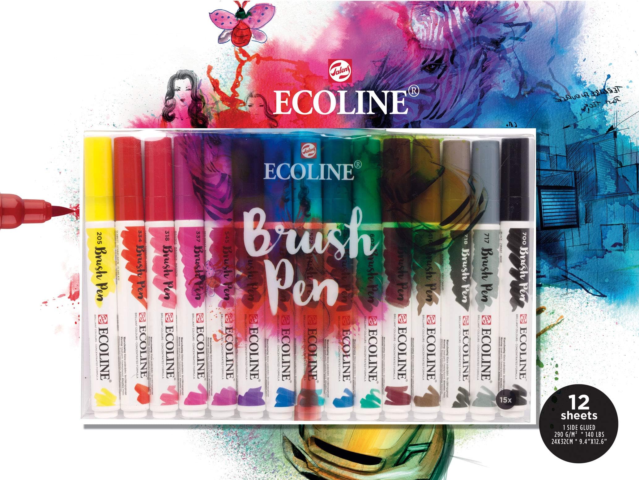 EcolineBrush- and Papier-Set, 15 Pencil Case+Sketchpad 24x32cm, 290g/M ², Saver Pack