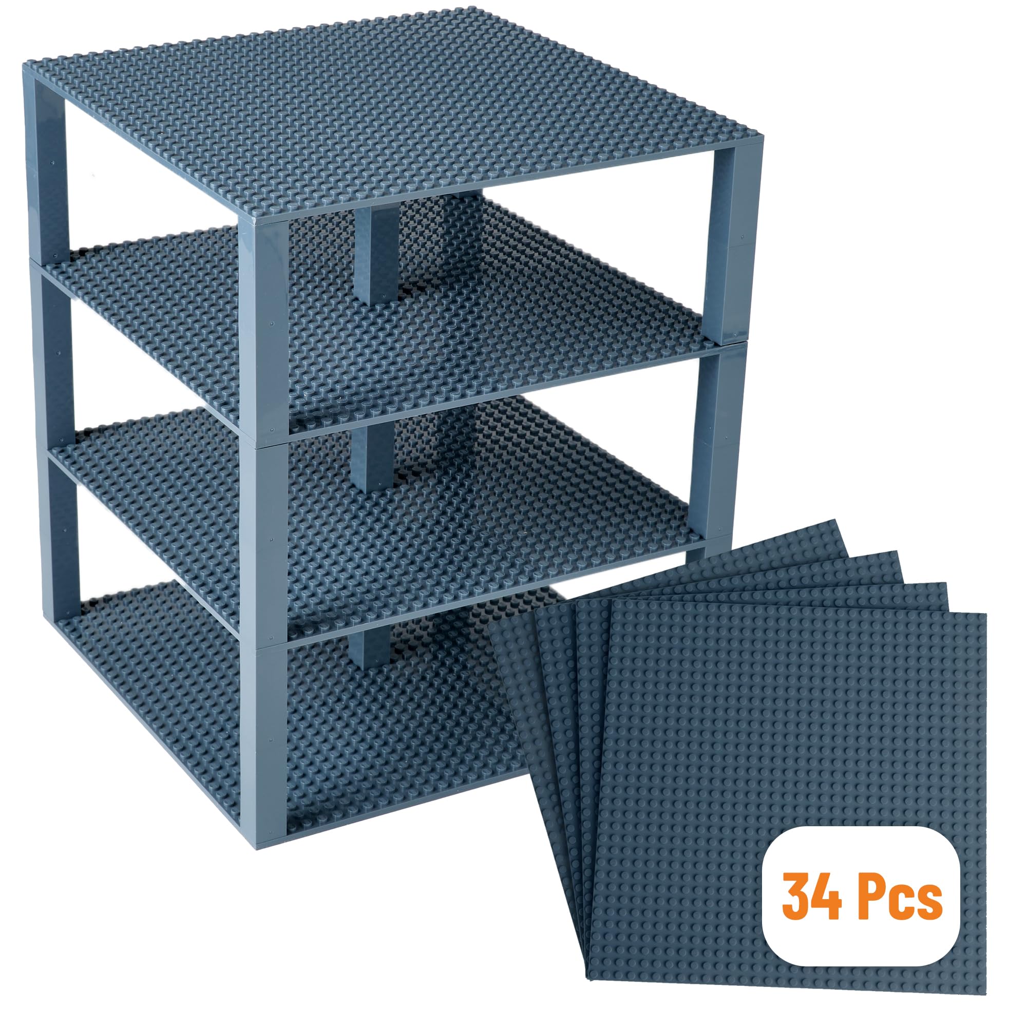 Premium Charcoal Gray Stackable Base Plates - 4 Pack 25x25 cm Baseplate Bundle with 30 5cmx5cm Stackers - Compatible with LEGO Blocks, Compatible with LEGO Base Plates - Tower Construction