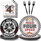 96Pcs Racing Car 4th Birthday Party Paper Plates and Napkins for Need Four Speeed Dessert Cake Plate Disposable Decor Racing Checkered Flag Tableware for Boy Kids Race Car 4 Years Birthday Decorations