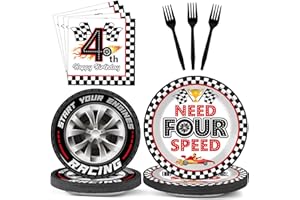 OITNLAUGHTER 96Pcs Racing Car 4th Birthday Party Paper Plates Napkins Set for Need Four Speeed Dessert Cake Plates Disposable Decor Racing Checkered Flag Tableware for Boy Kids Race Car 4 Years Birthday Supplies